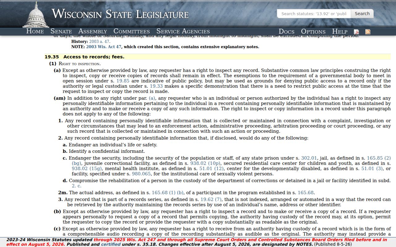 Wisconsin public records rules for an Altoona criminal history request