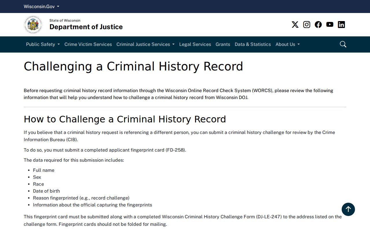 Eau Claire County criminal record fingerprint challenge instructions