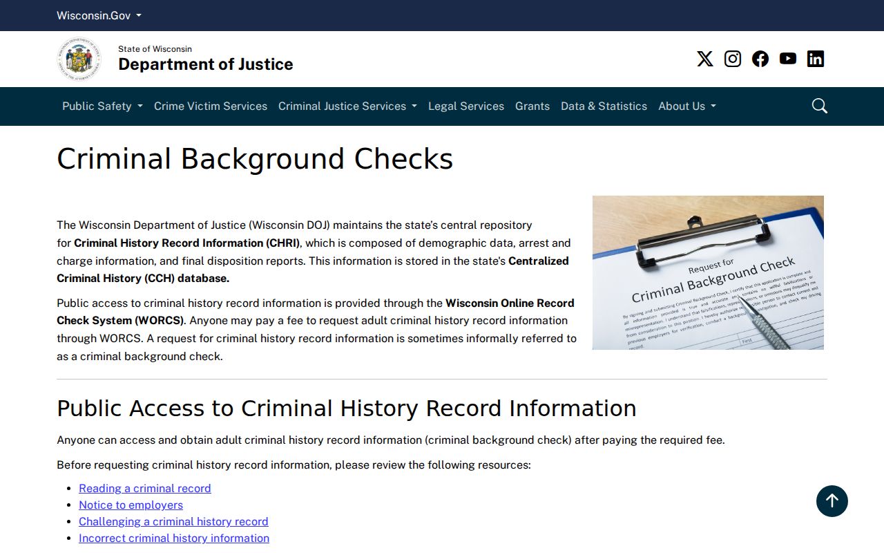 Eau Claire County criminal history Wisconsin DOJ background check information