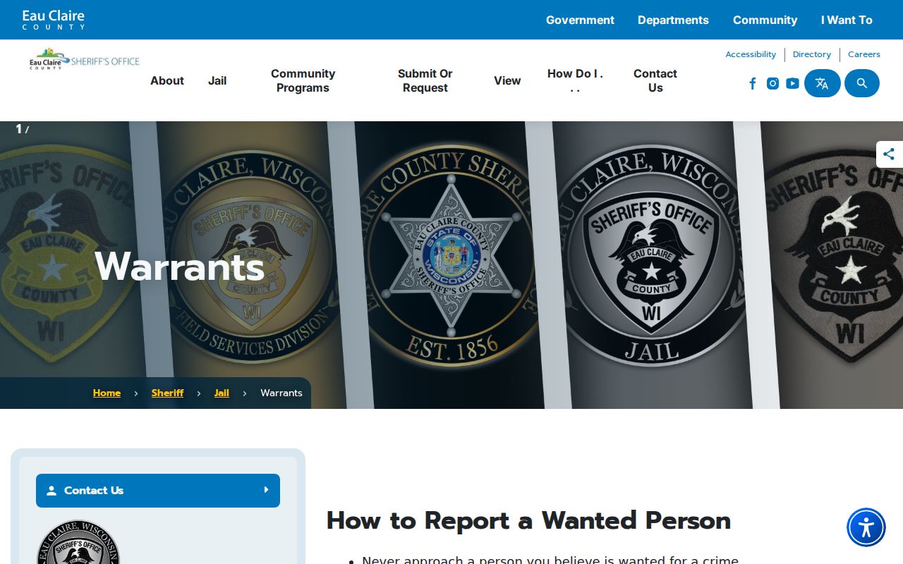 Eau Claire County criminal warrant record contact page